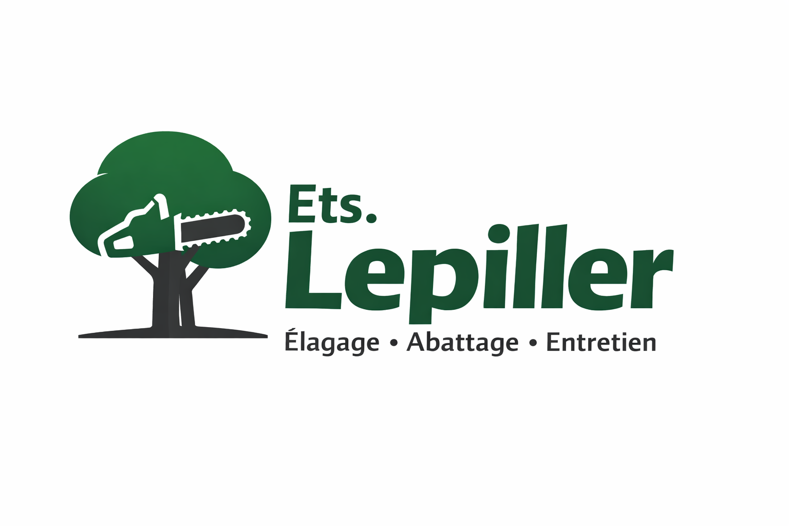 Logo pour Ets. Lepiller représentant la silhouette d'un arbre vert foncé avec une icône de tronçonneuse