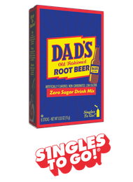 Dad's Old Fashioned Root Beer Singles To Go packet box, blue and red with yellow logo and zero sugar label