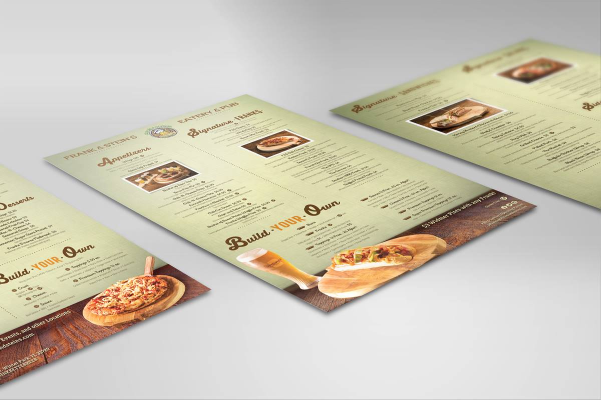 A menu for a bakery with a picture of a pizza on it