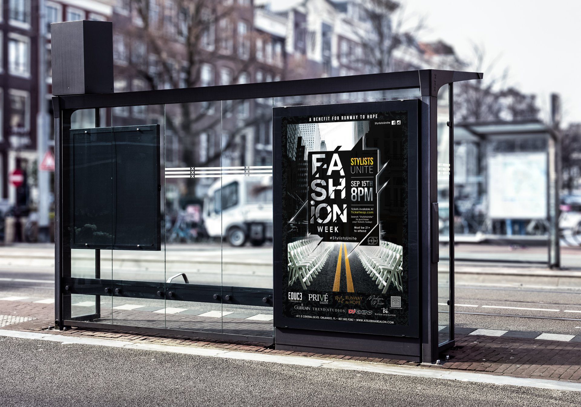 A bus stop with a sign on it that says `` fashion ''.