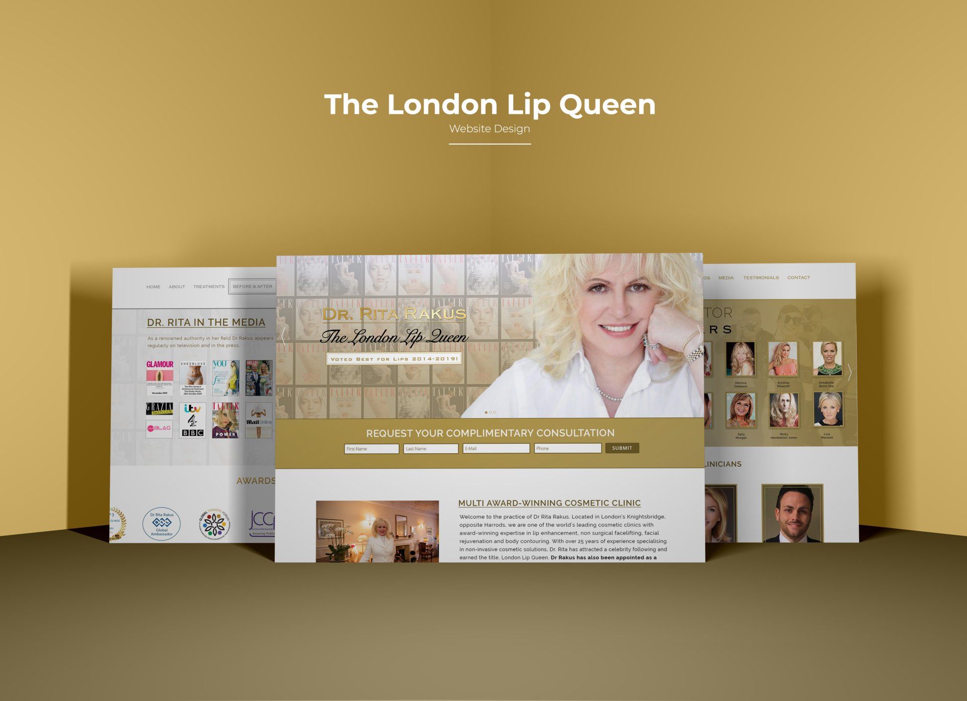 The london lip queen website is displayed on a yellow background.