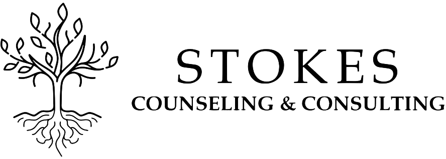 A black and white logo for stokes counseling and consulting with a tree and roots.