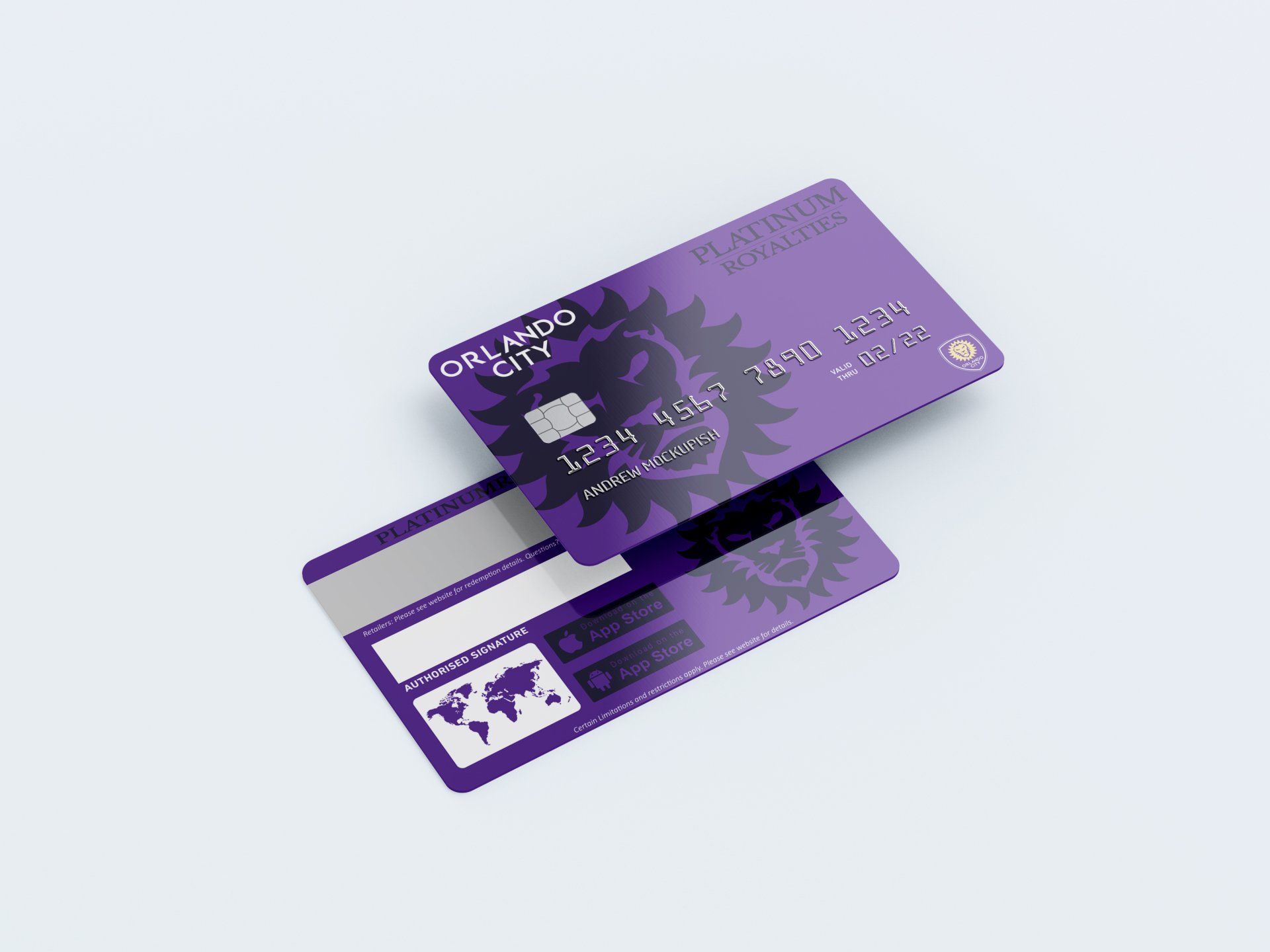 Two purple credit cards are stacked on top of each other on a white surface.