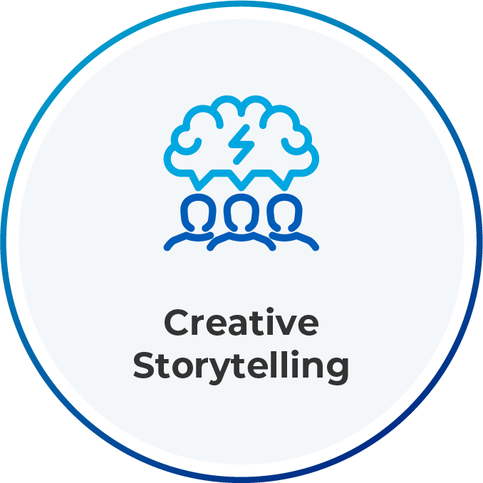 A blue circle with the words creative storytelling on it