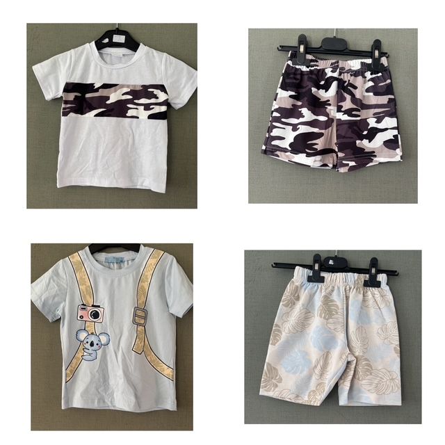 Twee setjes kinderkleding: een wit camouflage T-shirt en een korte broek, en een T-shirt met koala-print en een korte broek met patroon.