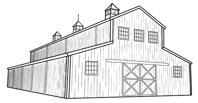 Barn with sliding doors and three cupolas, set in an open space.