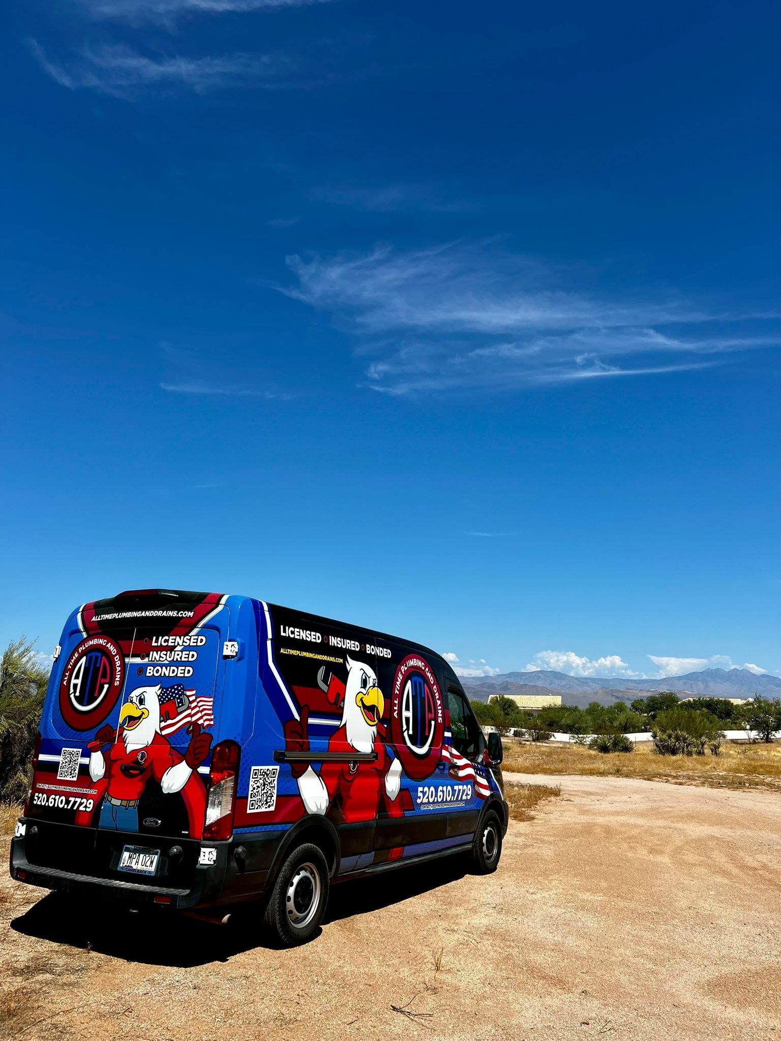 A blue van with an eagle on the side is parked in the woods