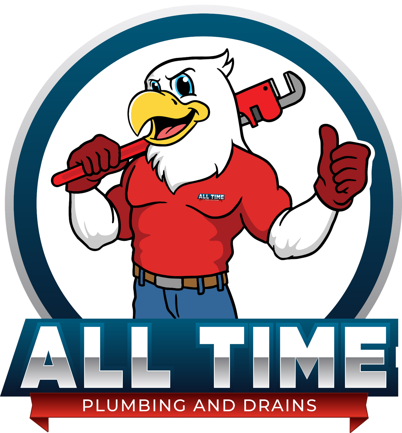 The logo for all time plumbing and drains shows an eagle holding a wrench and giving a thumbs up.