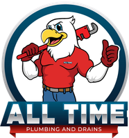 The logo for all time plumbing and drains shows an eagle holding a wrench and giving a thumbs up.