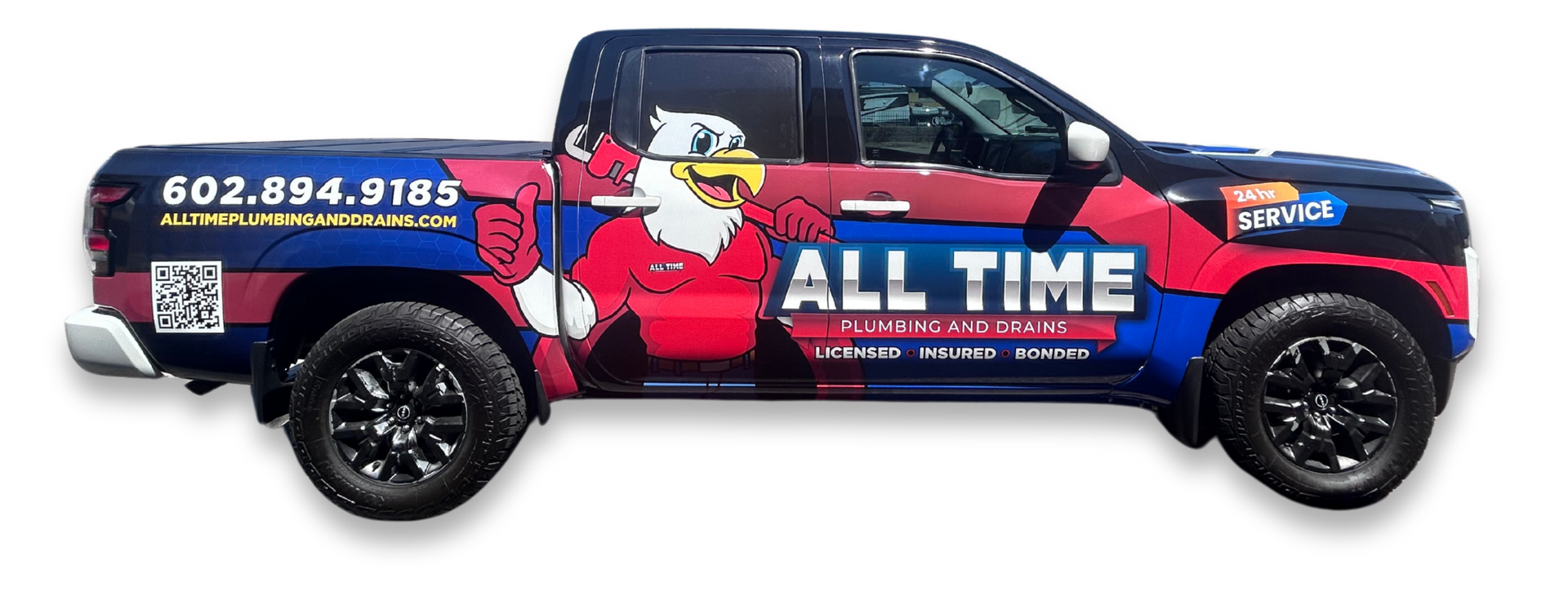 A blue and red van with a santa claus on the side.