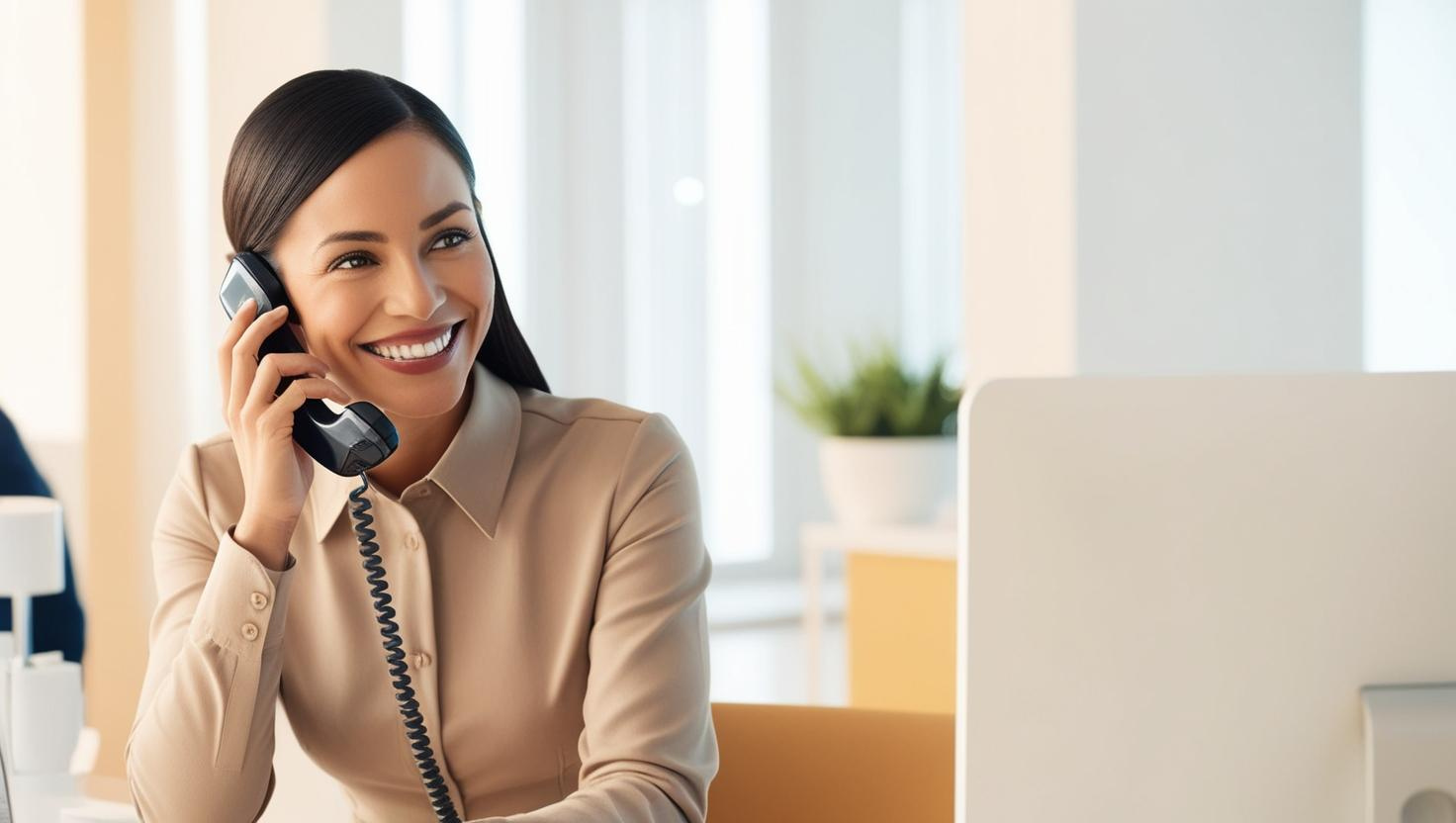 A woman is smiling while talking on a phone in front of a computer.