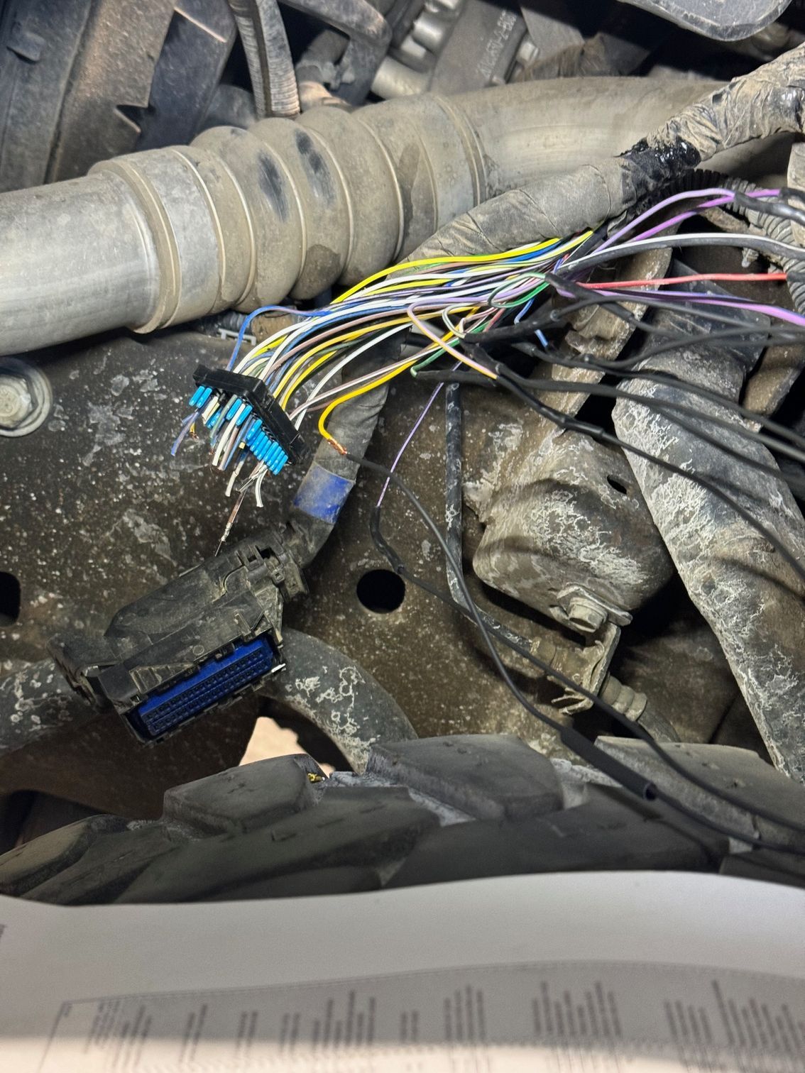 A bunch of wires are coming out of a car engine.