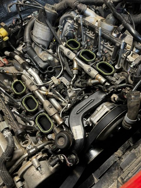 A close up of the engine of a car