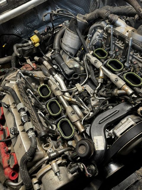 A close up of the engine of a car