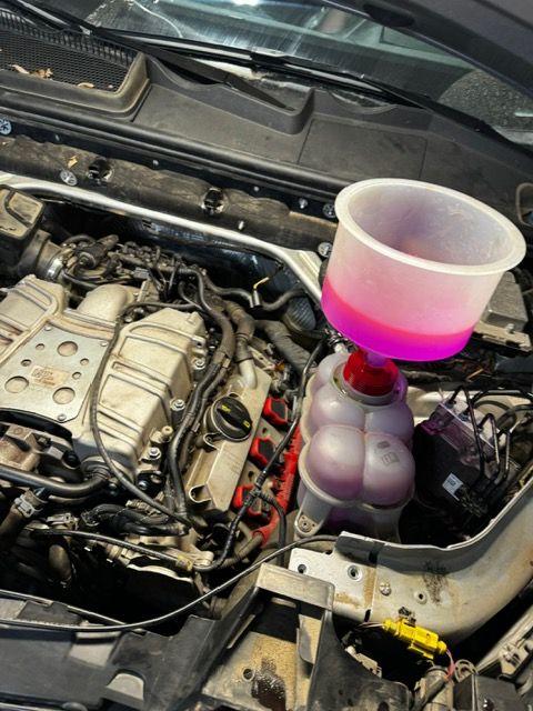 A purple liquid is being poured into the engine of a car