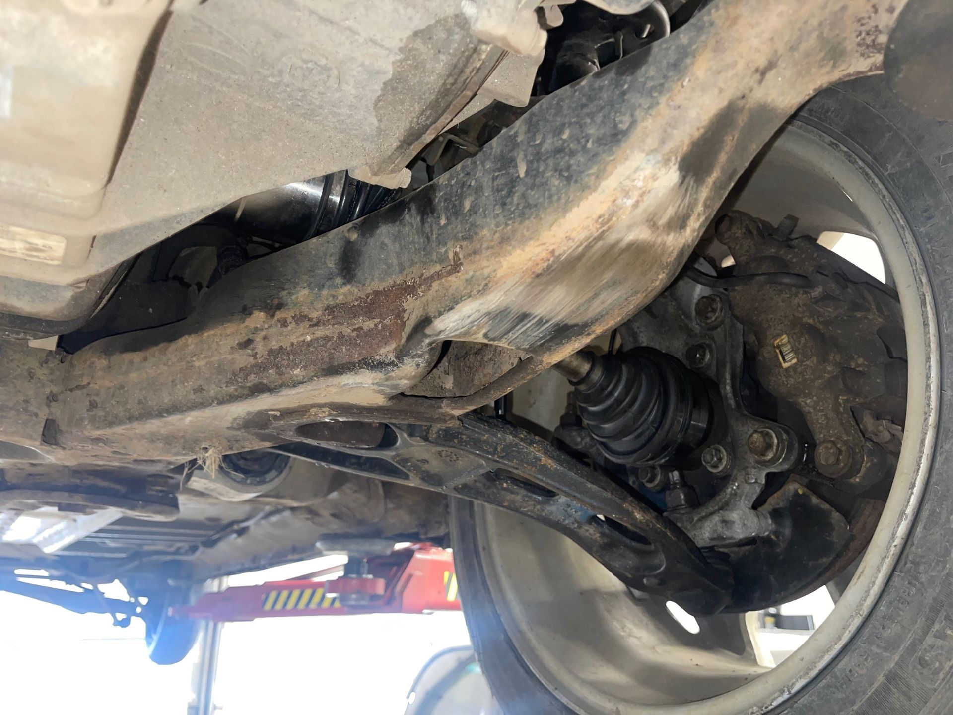 A close up of the underside of a car.