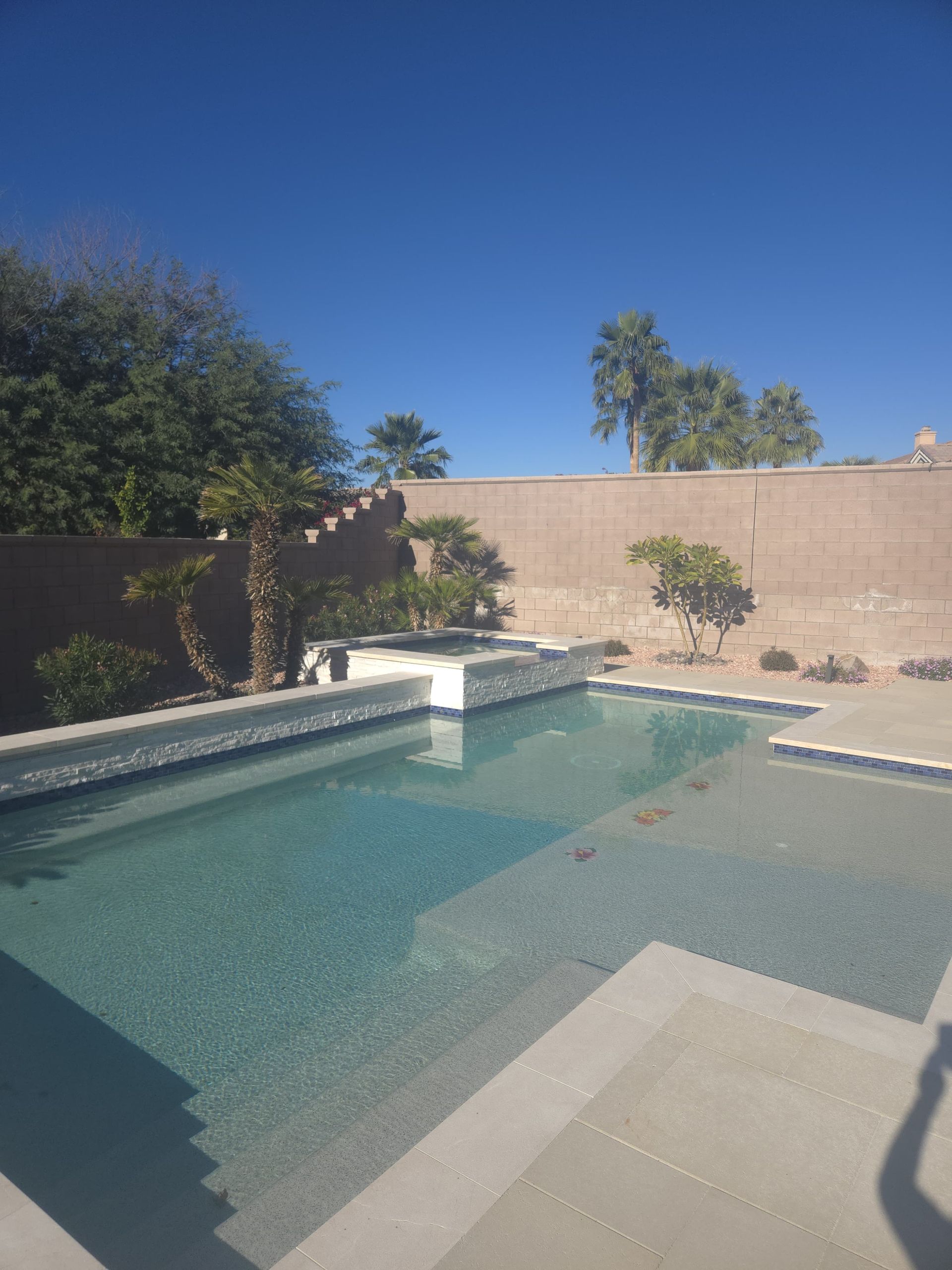 Swimming pool with light blue water, surrounded by tan stone patio and walls, trees in background, clear sky.