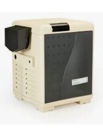 Two beige pool pumps labeled 3.0 HP and 1.5 HP, beside a blue pool.