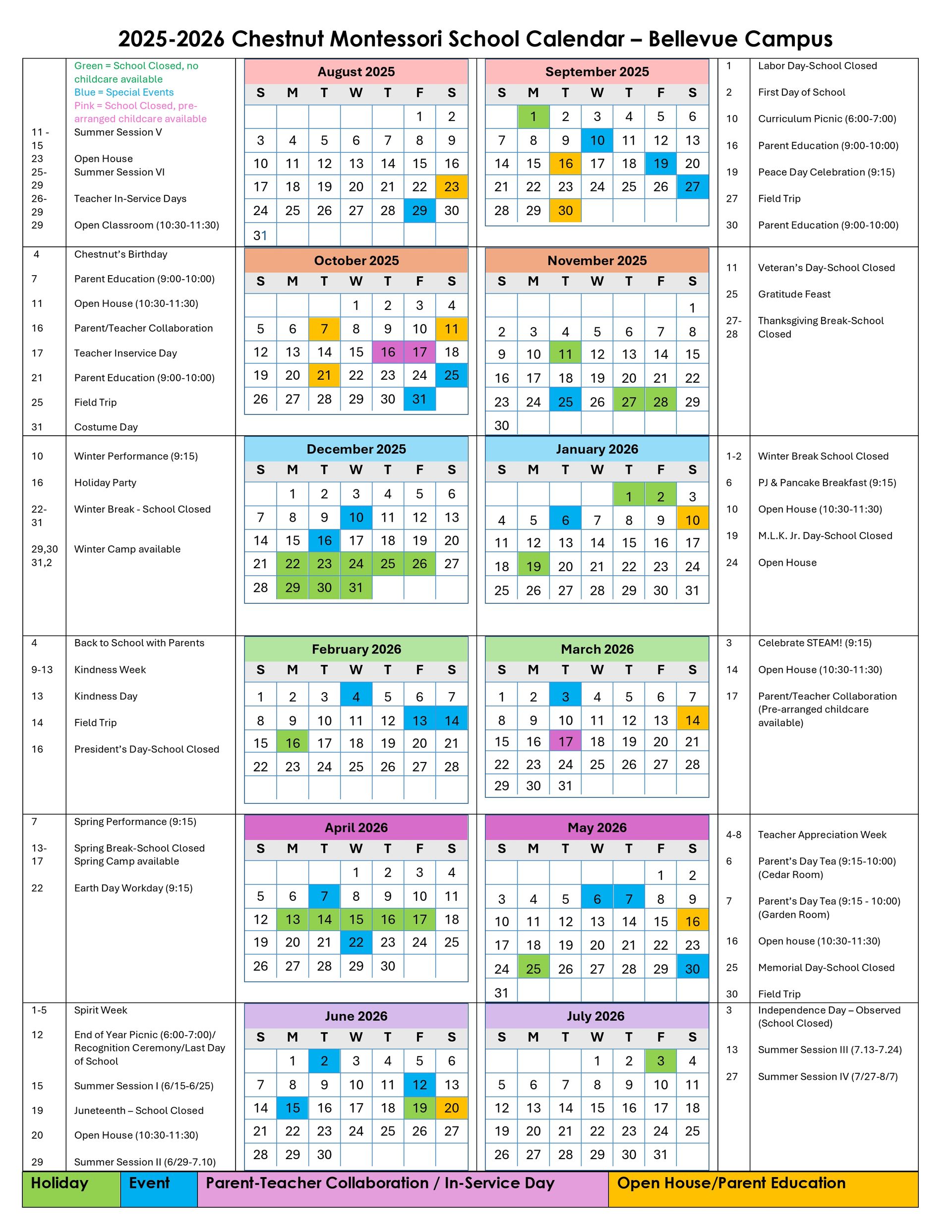 2025-2026 Chestnut Montessori School Calendar