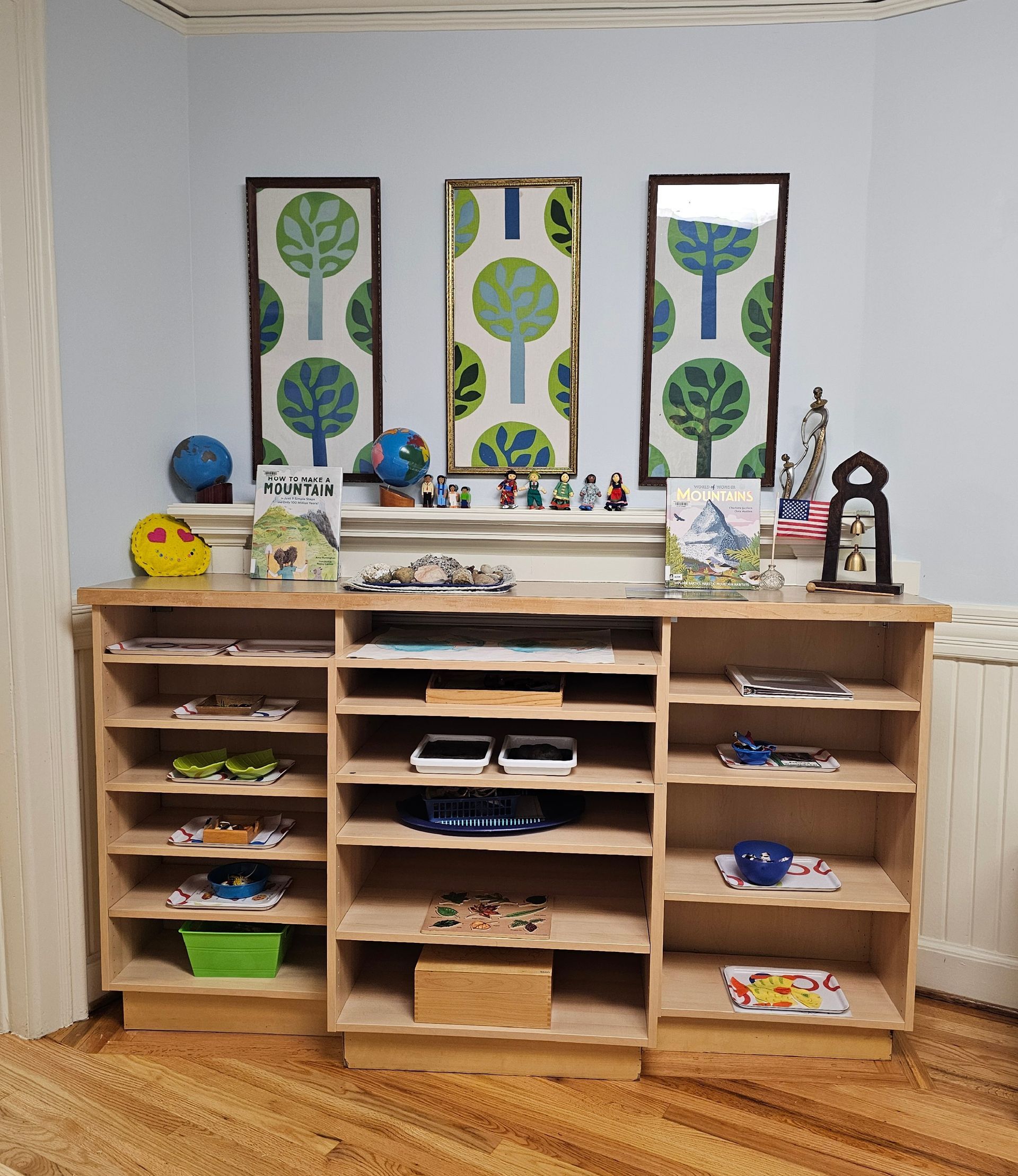 Montessori classroom shelving with montessori materials.