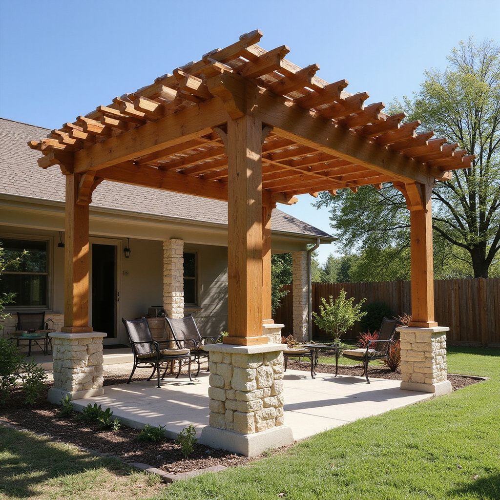 Freestanding pergola with fire pit and lounge chairs in San Antonio