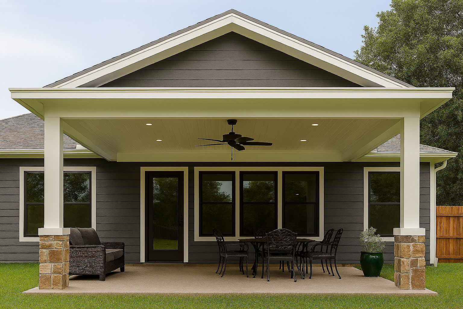 Modern insulated aluminum patio cover with square white posts and stone bases, attached to a stylish Garden Ridge TX home. Features recessed lighting, ceiling fan, and outdoor seating on a concrete patio surrounded by green lawn and privacy fencing