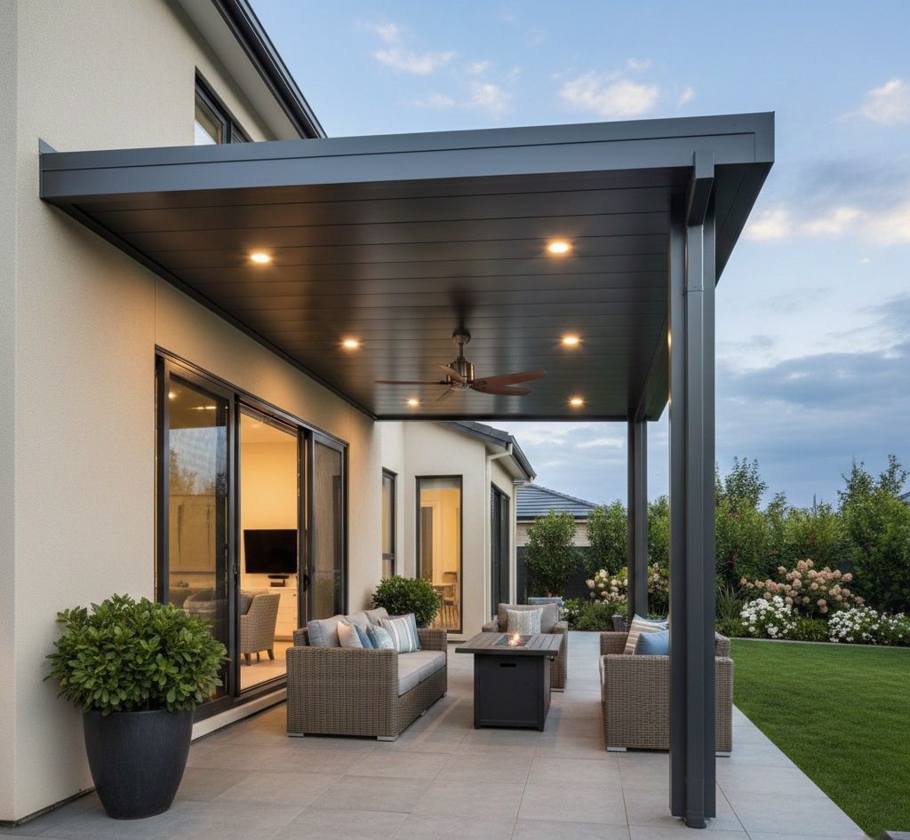 Patio cover in Tomberwood Park built using insulated aluminum roof panels over a concrete slab
