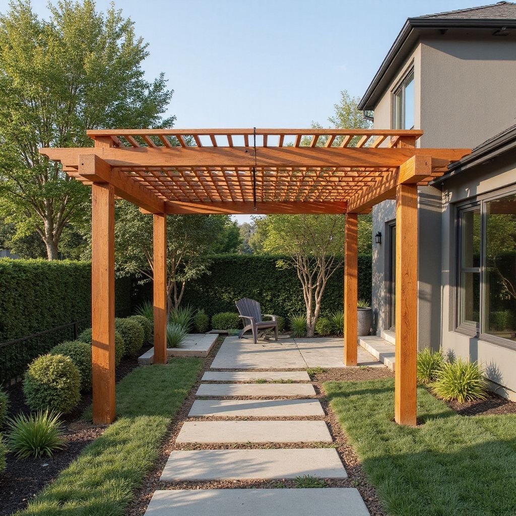 Vinyl pergola with clean white trim and patio pavers in Fredricksburg TX