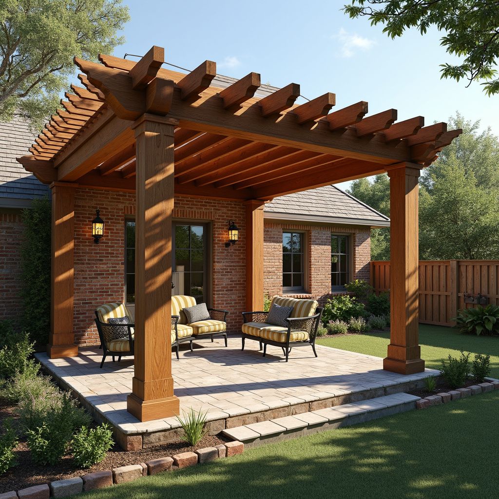 Wooden pergola over a patio with outdoor furniture in San Antonio.