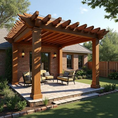 Wooden pergola over a patio with outdoor furniture in San Antonio.