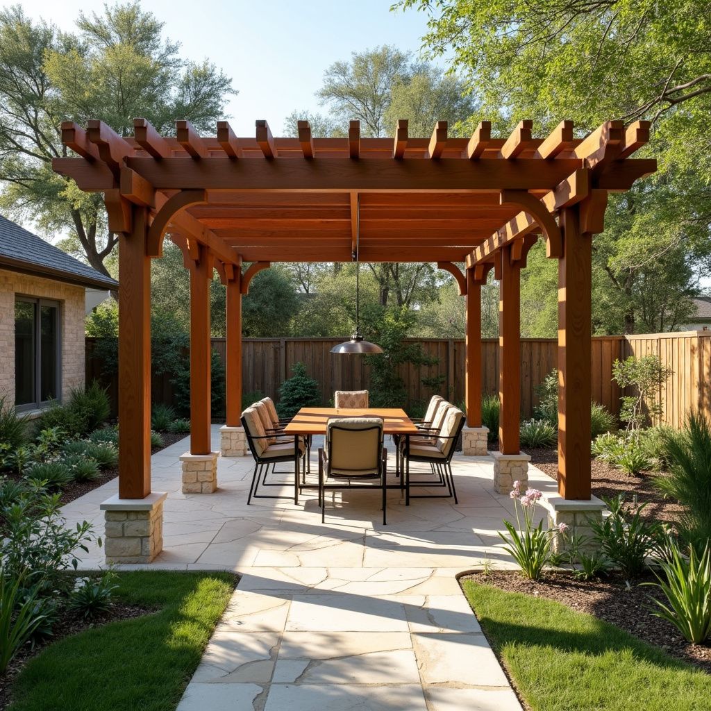 Covered pergola in Helotes with reinforced beams and powder-coated finish