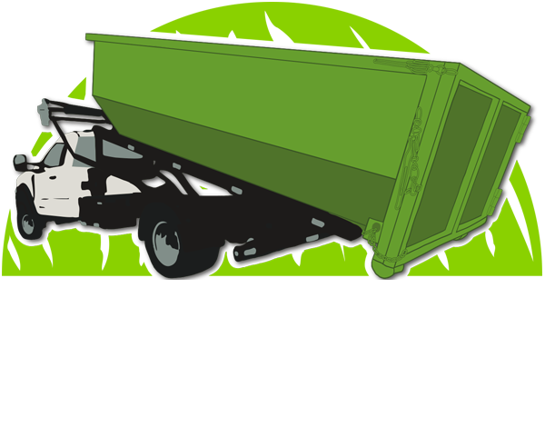 Green dump truck tilted steeply upward on a white background with a green splash design behind it