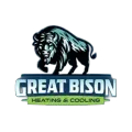 Logo of Great Bison Heating & Cooling, featuring a bison in blue and black above text on a green and blue background.