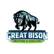 Logo of Great Bison Heating & Cooling, featuring a bison in blue and black above text on a green and blue background.