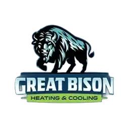 Logo of Great Bison Heating & Cooling, featuring a bison in blue and black above text on a green and blue background.