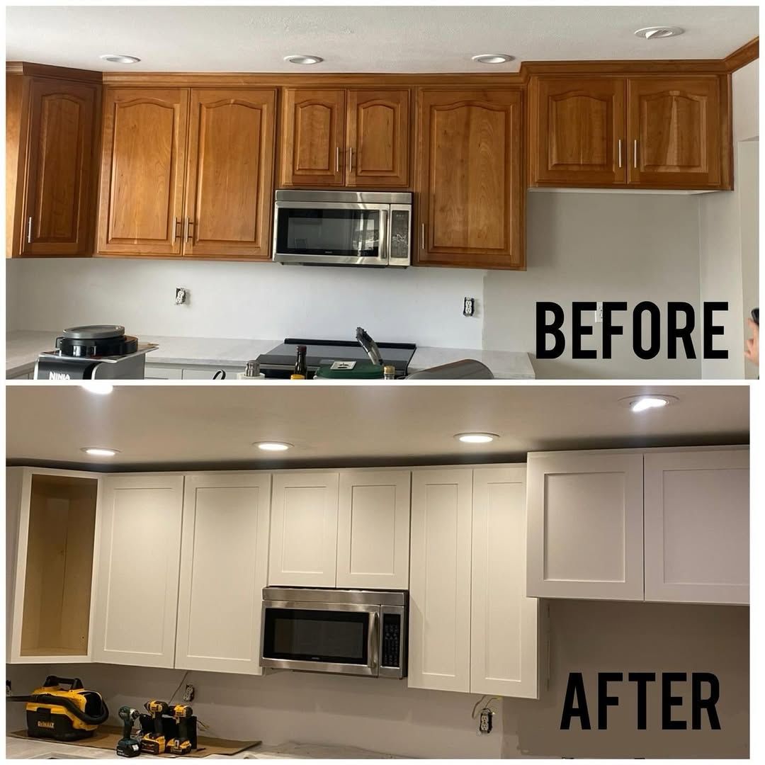 Before-and-after of kitchen cabinets: original oak cabinets replaced with white painted cabinets.