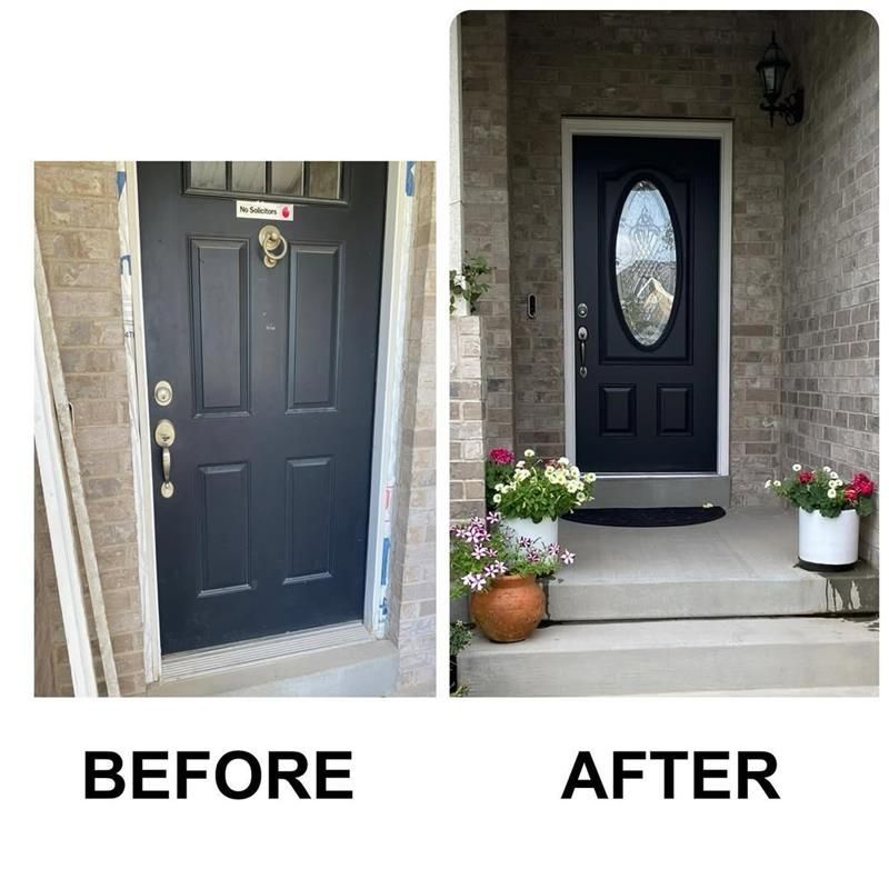 Before and after shots of a front door. The new door is black with a glass oval, surrounded by white trim.