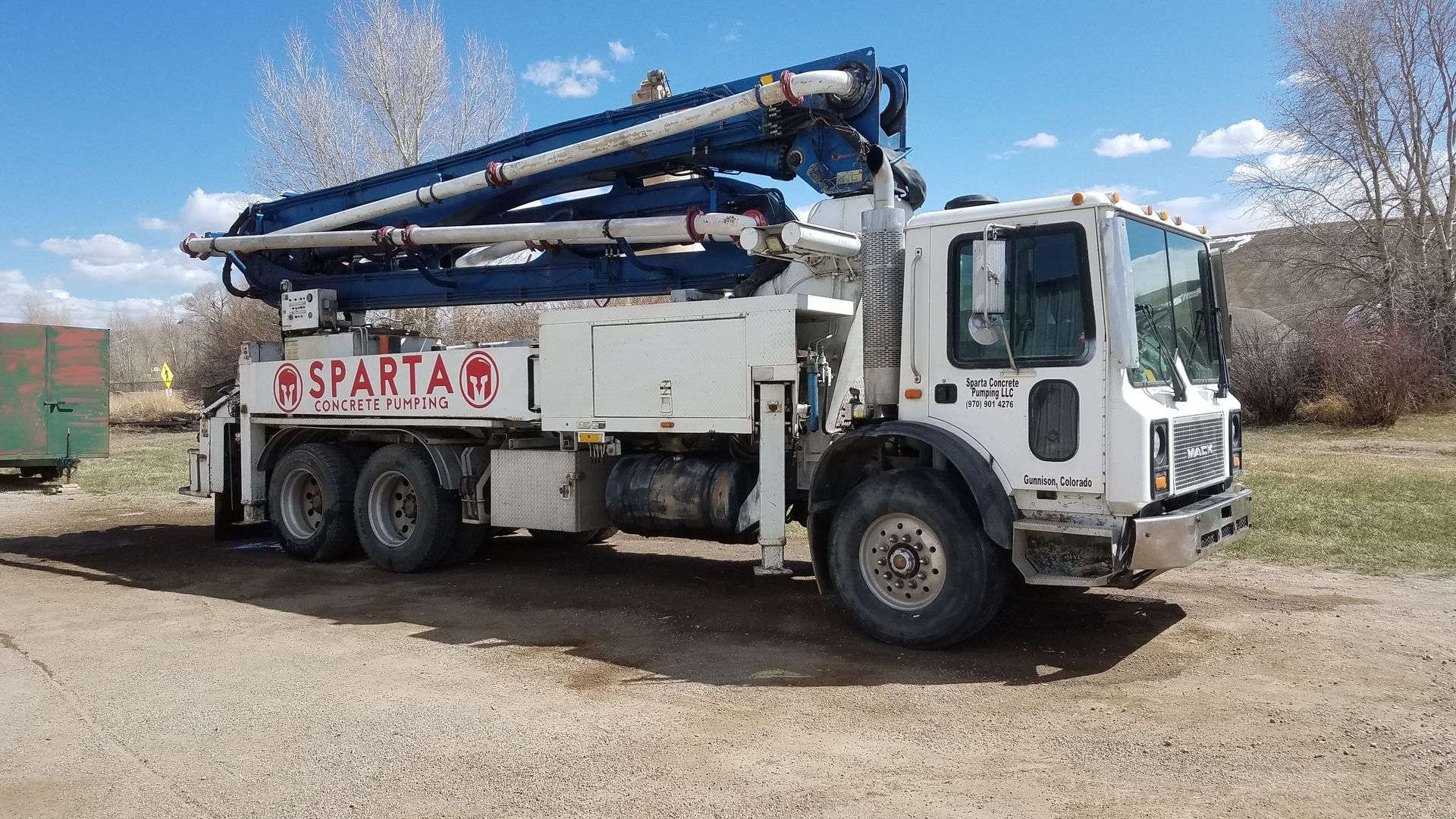 sparta white and blue concrete boom truck