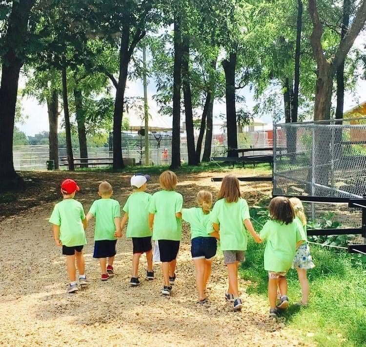 A group of children in matching light green shirts walk hand-in-hand along a tree-lined path.