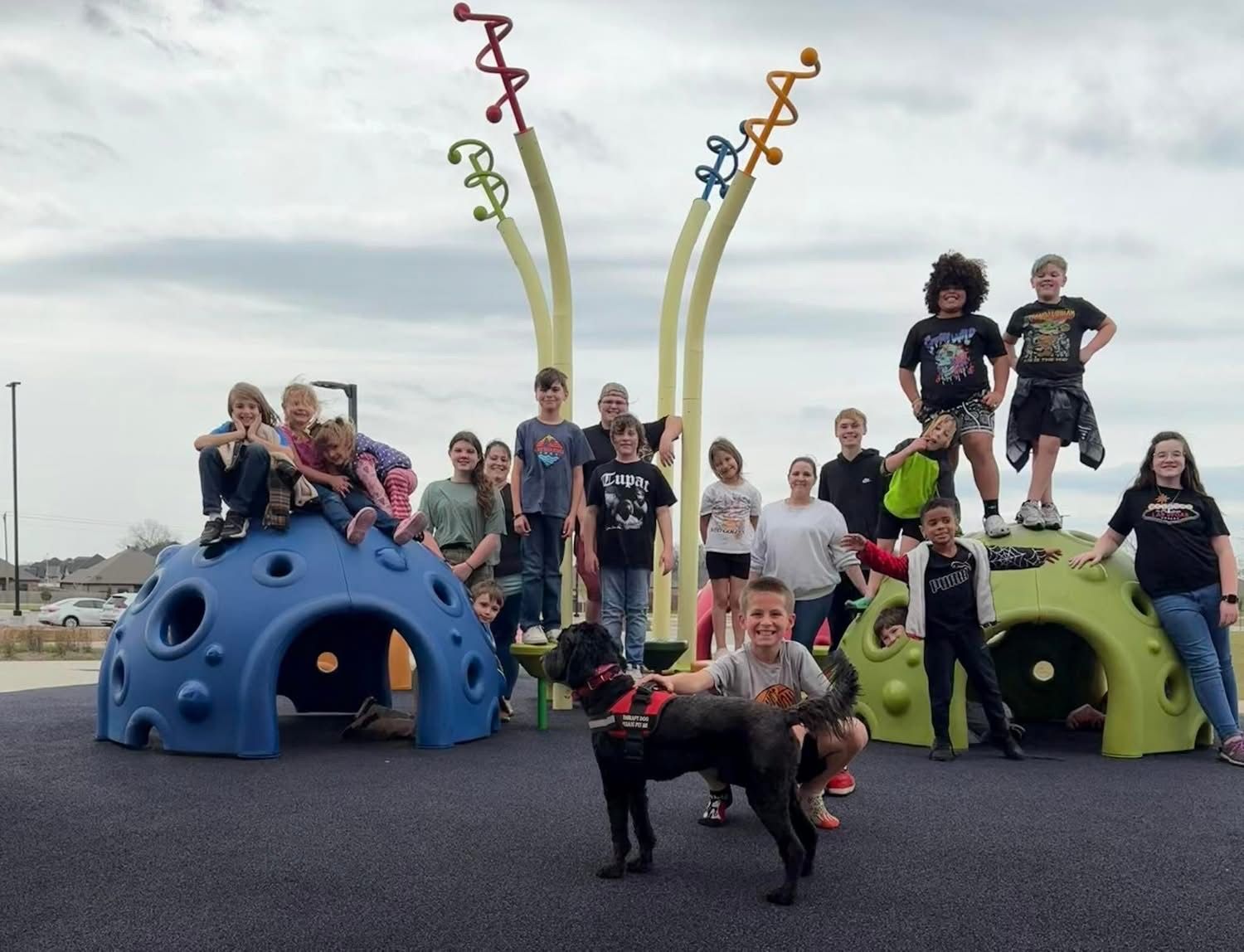 A large group of children and a black dog pose together on and around blue and green play domes at an outdoor park.