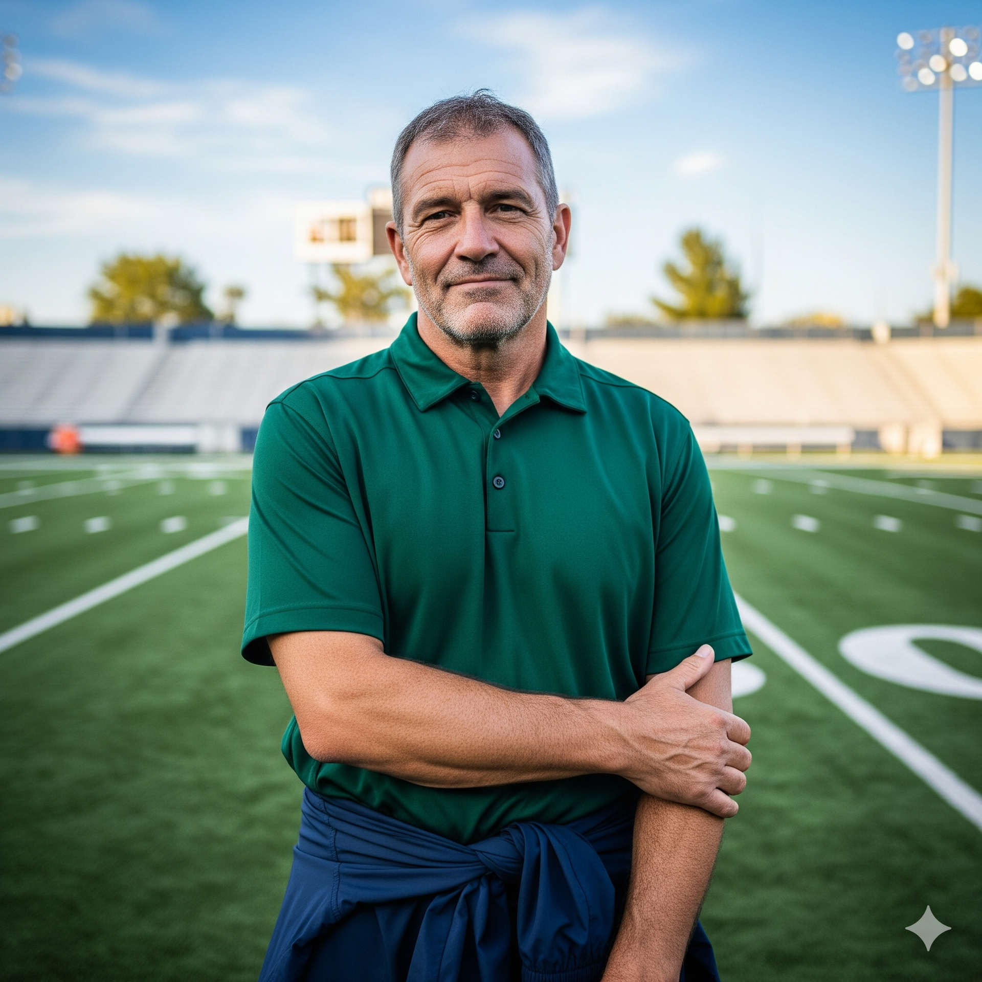Man in green polo stands on a football field, arms crossed, stadium in background.