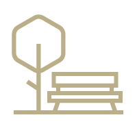 A line drawing of a park bench next to a tree.