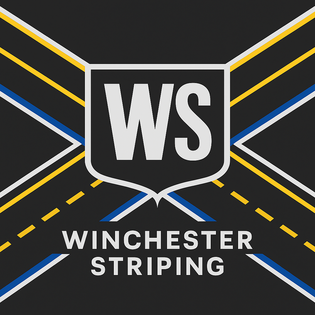 Winchester Striping Logo. You can see a parking lot with painted lines. In the middle you see the name Winchester Striping
