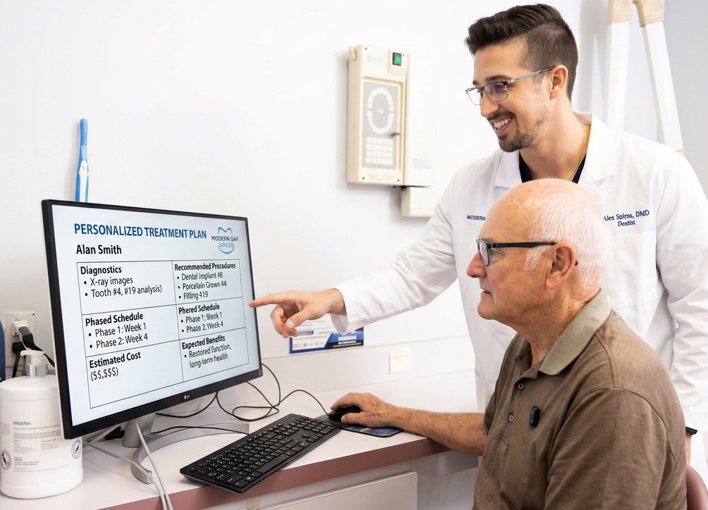 Doctor showing medical report on computer to seated patient in clinic