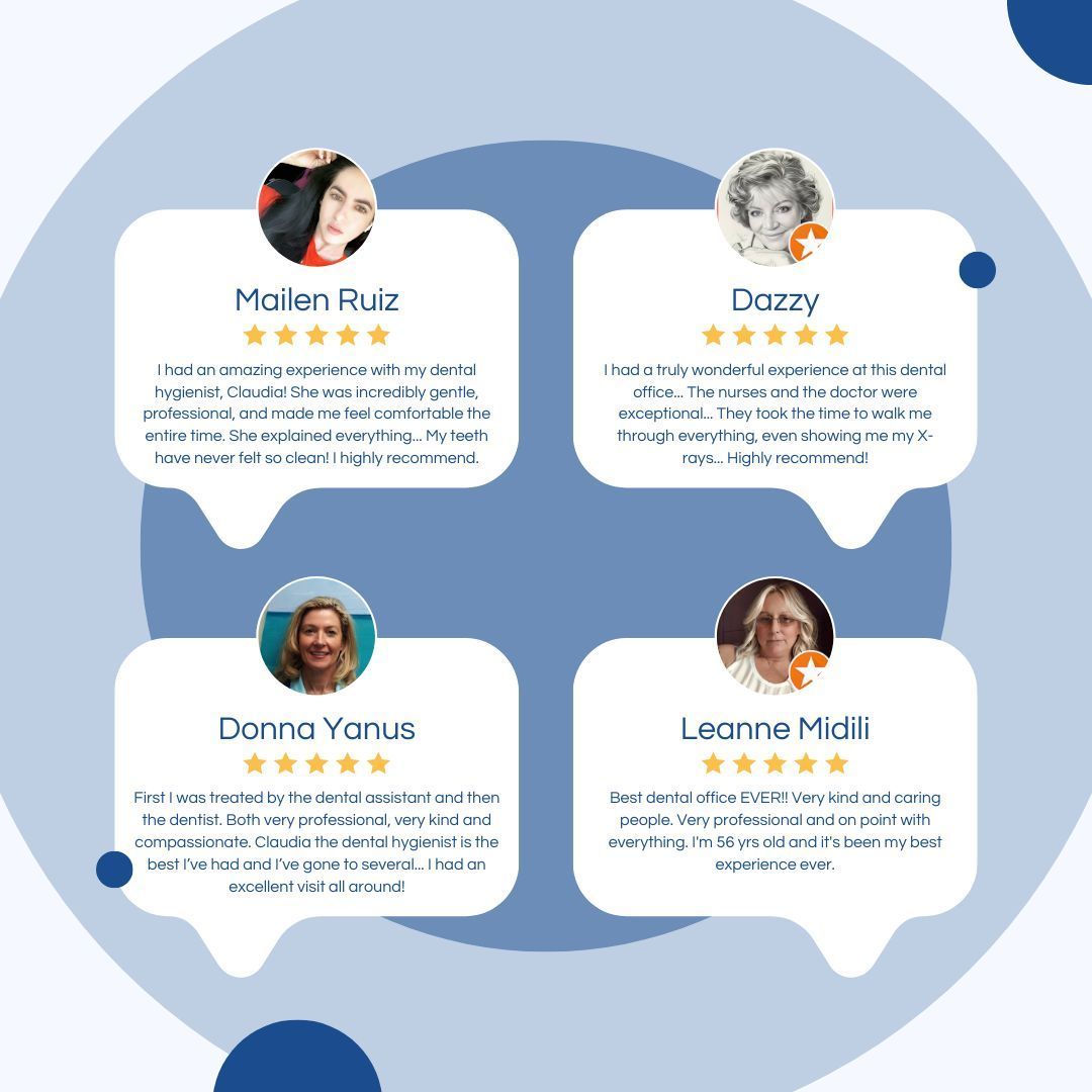Four customer testimonial cards on a blue circular background with small profile photos and star ratings