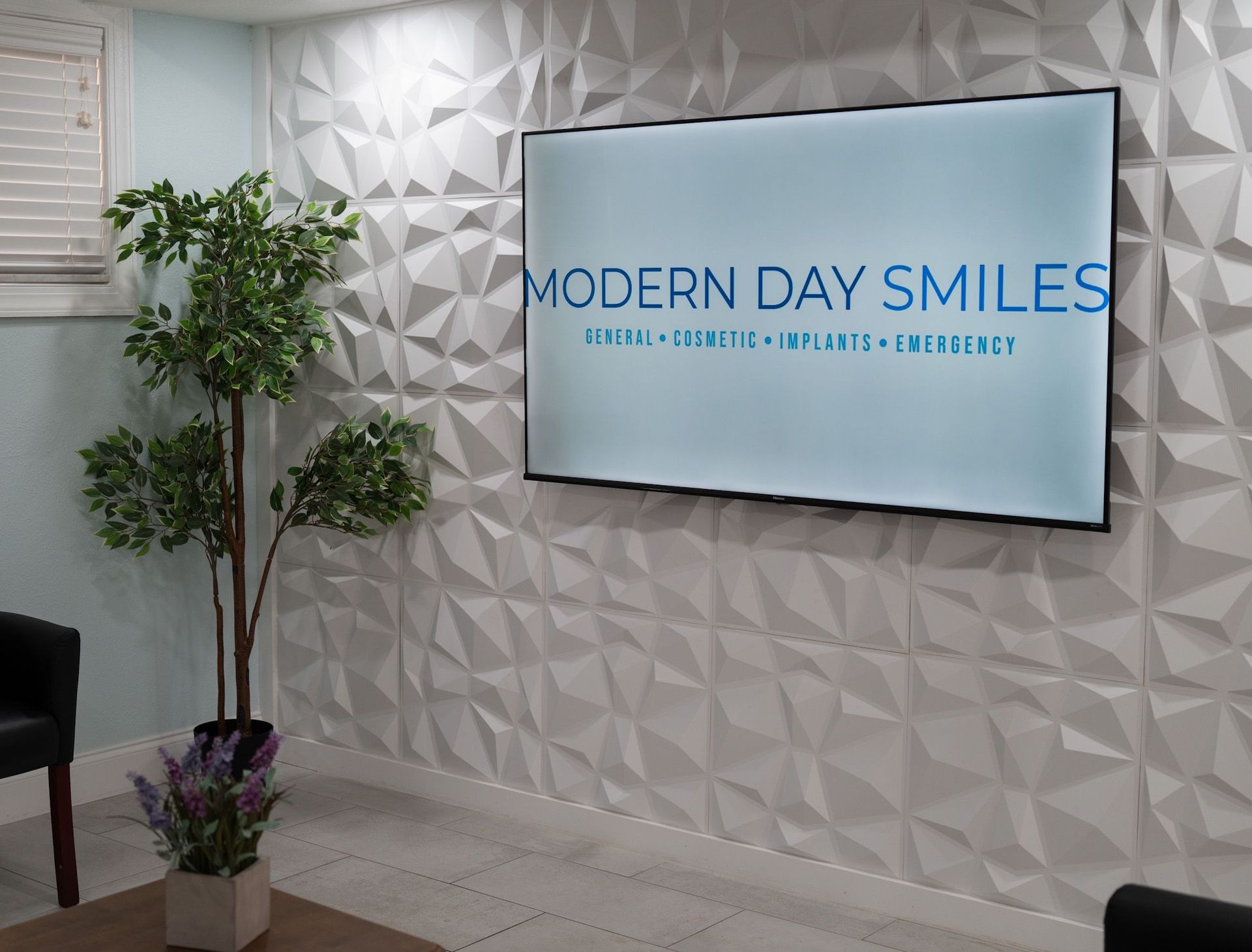 Modern Day Smiles dental office reception sign on a white textured wall with a potted plant