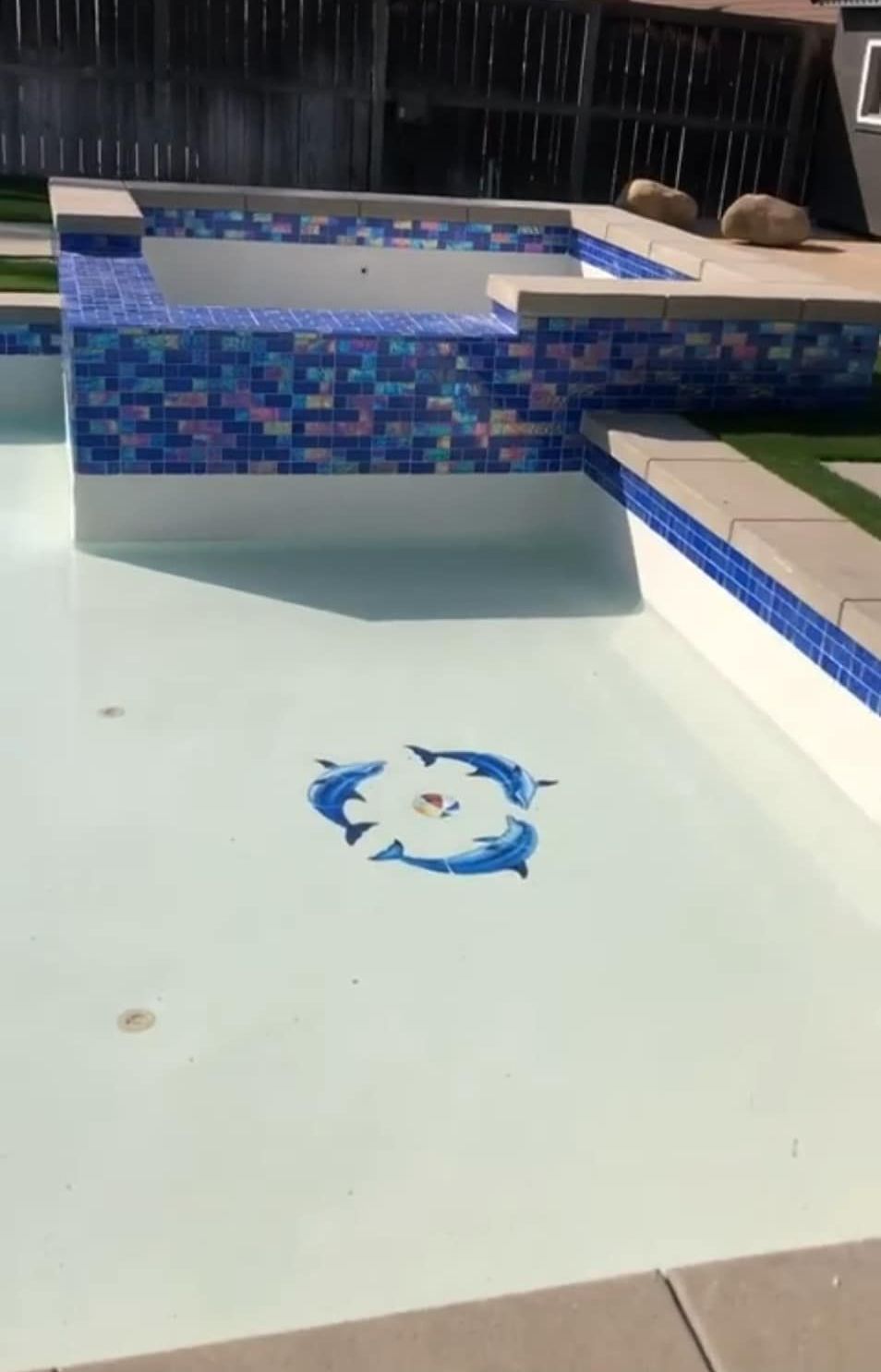 Empty swimming pool with blue tiled spa, dolphin mosaic on the floor, and surrounding concrete.