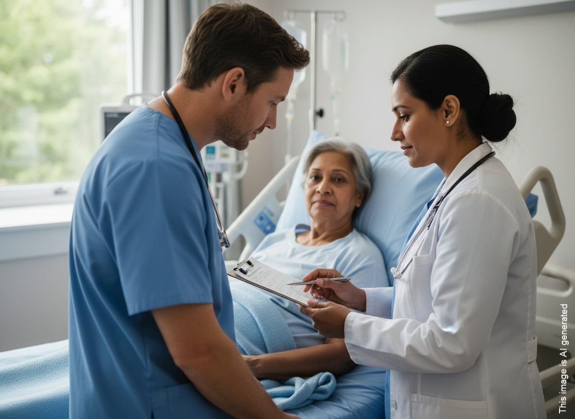 Two medical professionals consult with a patient in a hospital room.