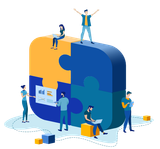 A puzzle illustration depicting the Elder Law Media team building integrated marketing solutions for clients.