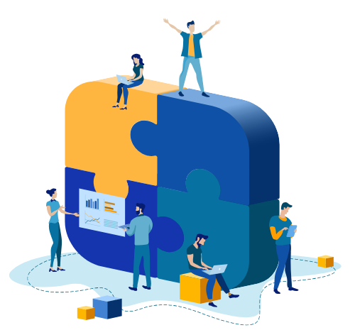 A puzzle illustration depicting the Elder Law Media team building integrated marketing solutions for clients.